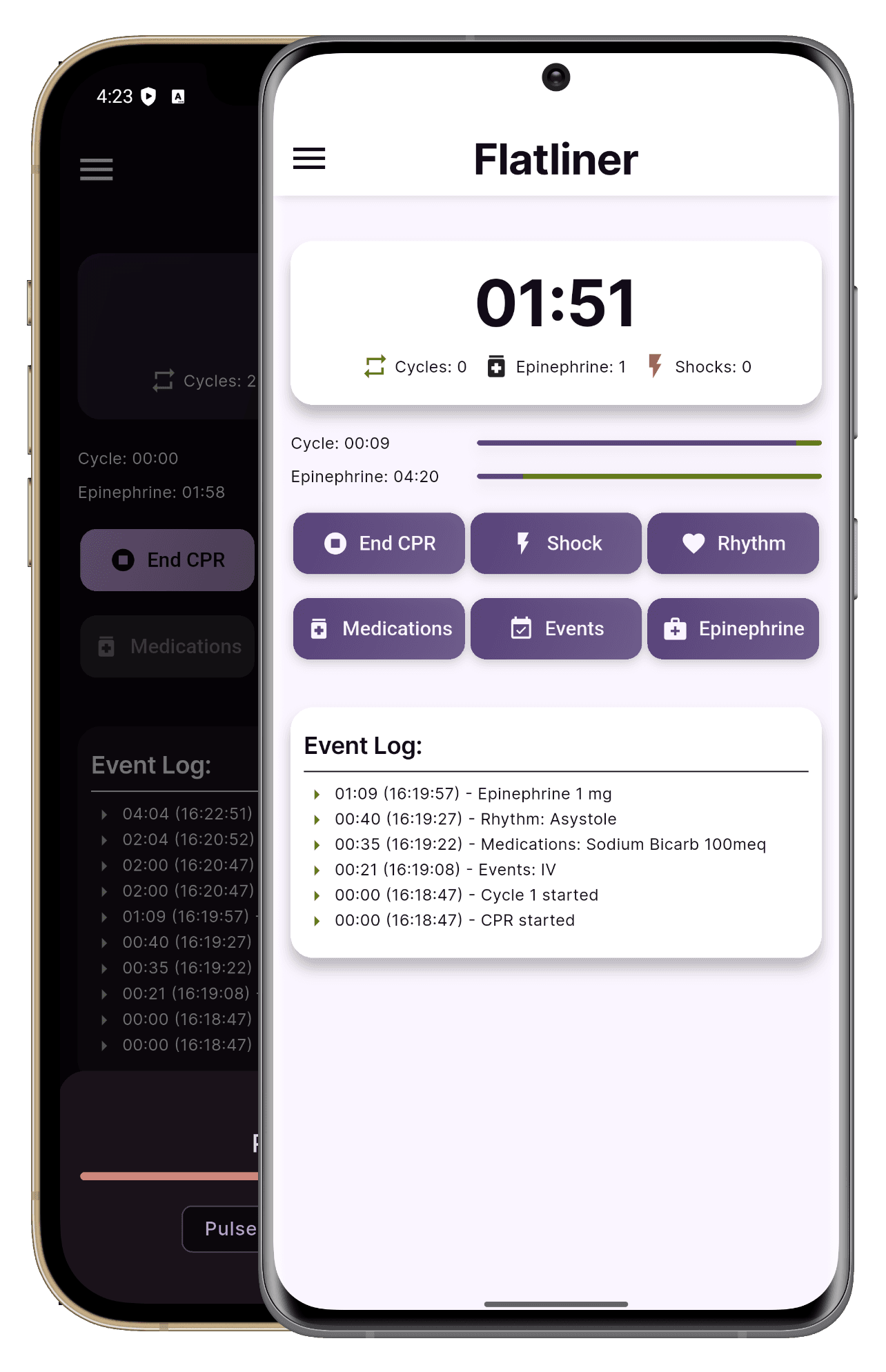 Flatliner CPR recorder app showing real-time code blue documentation on a phone