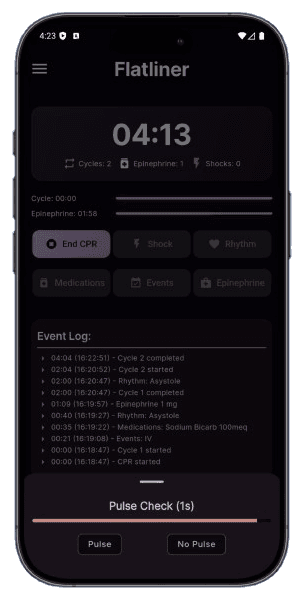 Flatliner CPR app showing a medication customization screen with options to add new medications and dosages like Amiodarone and Lidocaine.