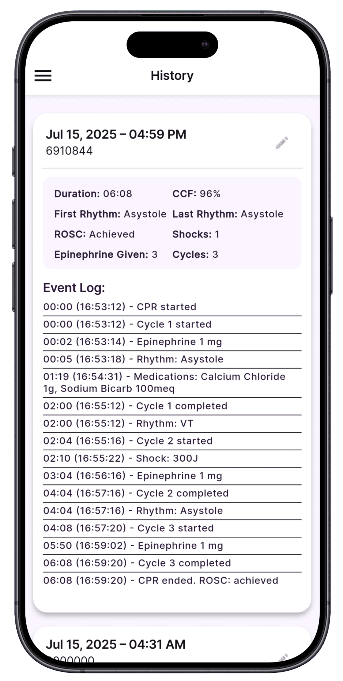 Flatliner app in dark mode displaying a CPR timer, medication and event buttons, and a Log Events modal with options like Central Line, IO, and Intubation.
