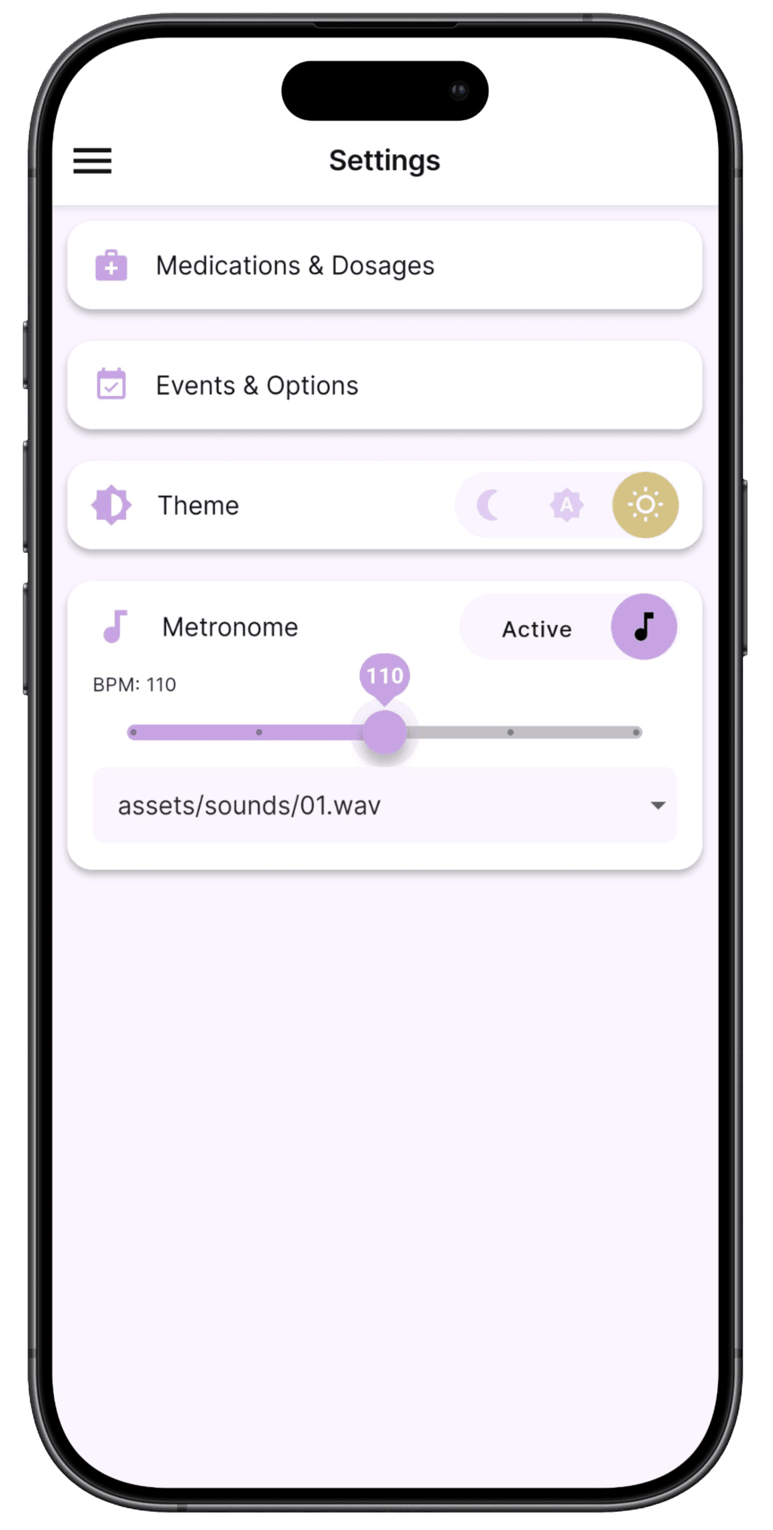 Flatliner app's Events & Options customization screen in dark mode, allowing users to define new procedures like Intubation or Needle Decompression with specific sub-options.
