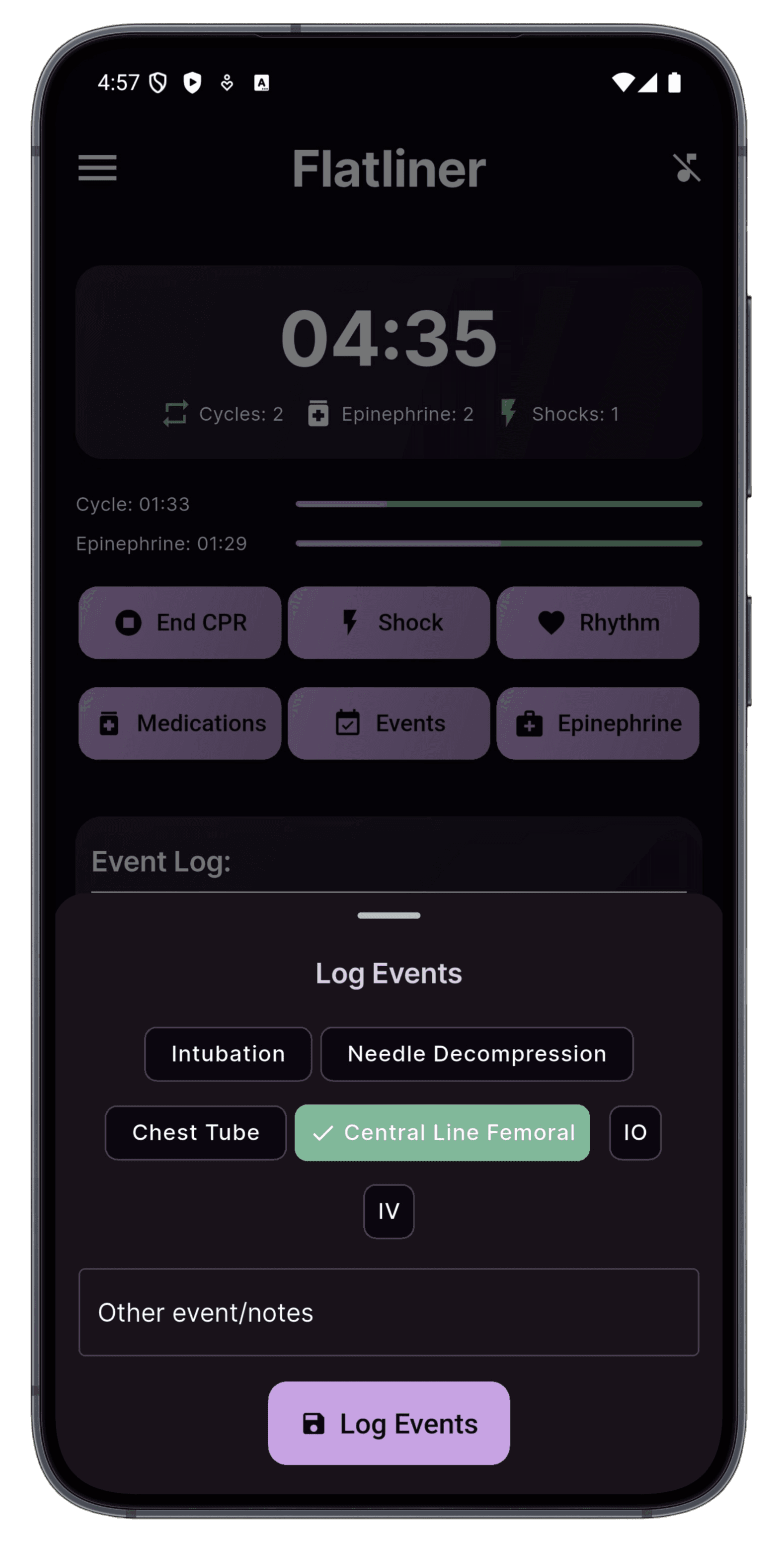 History screen in Flatliner CPR app showing a completed resuscitation session with event log, ROSC status, and performance metrics like CCF and duration.