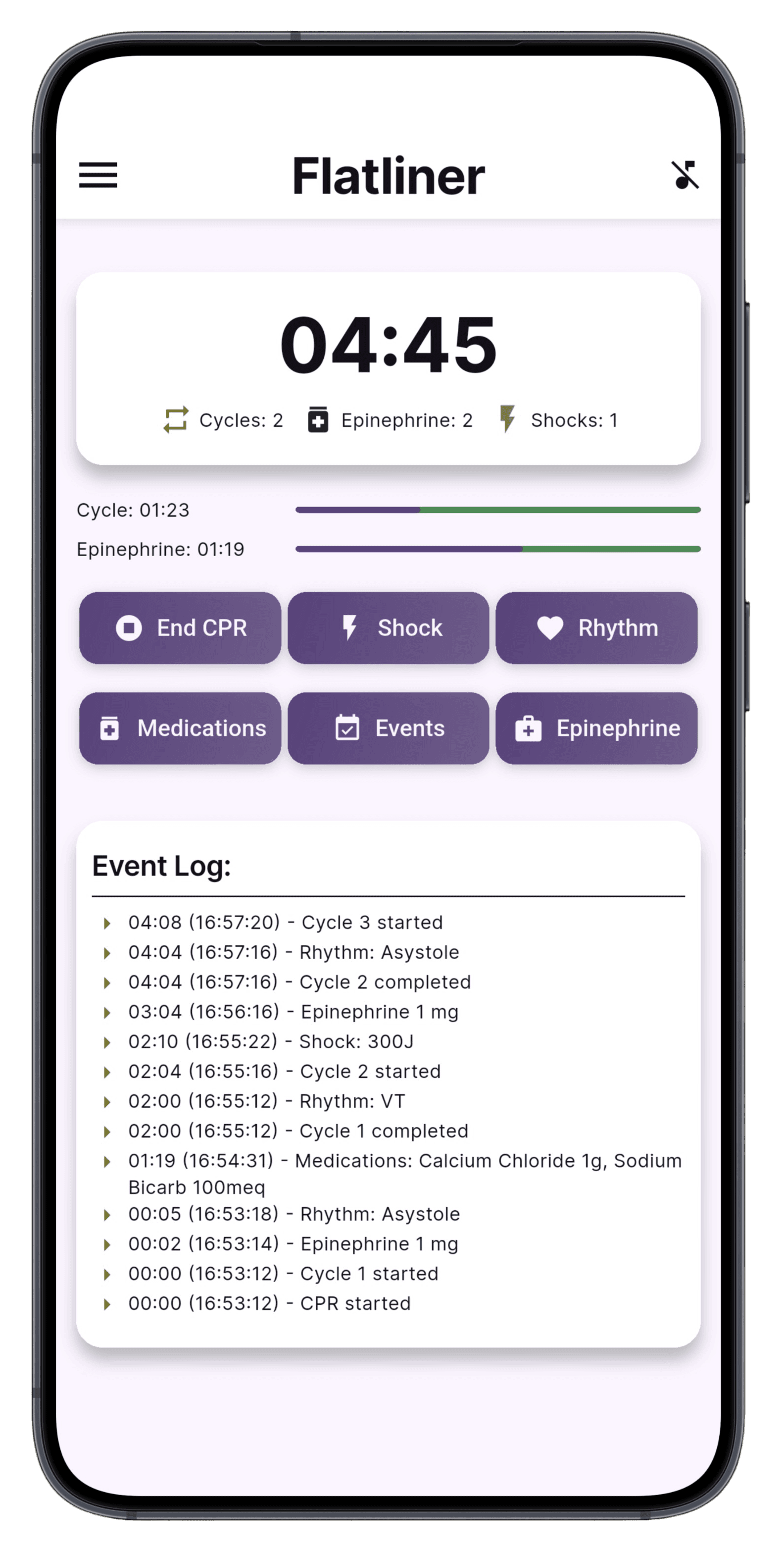 Flatliner settings screen showing access to medication and event configuration, theme toggling, and an active metronome with BPM control and audio selection.
