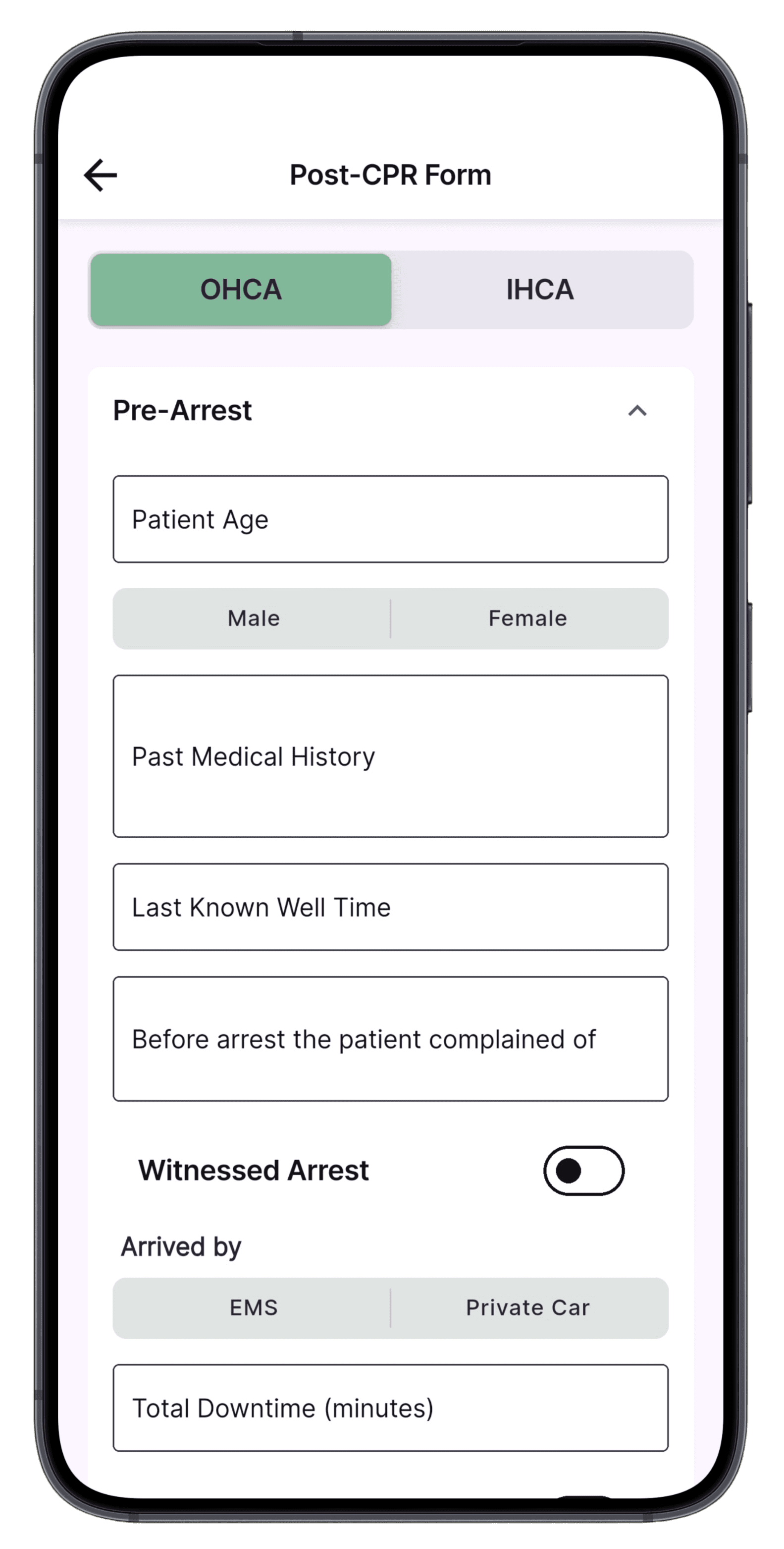 Dark mode interface of Flatliner CPR timer displaying a pulse check countdown overlay and full event log beneath real-time tracking elements.