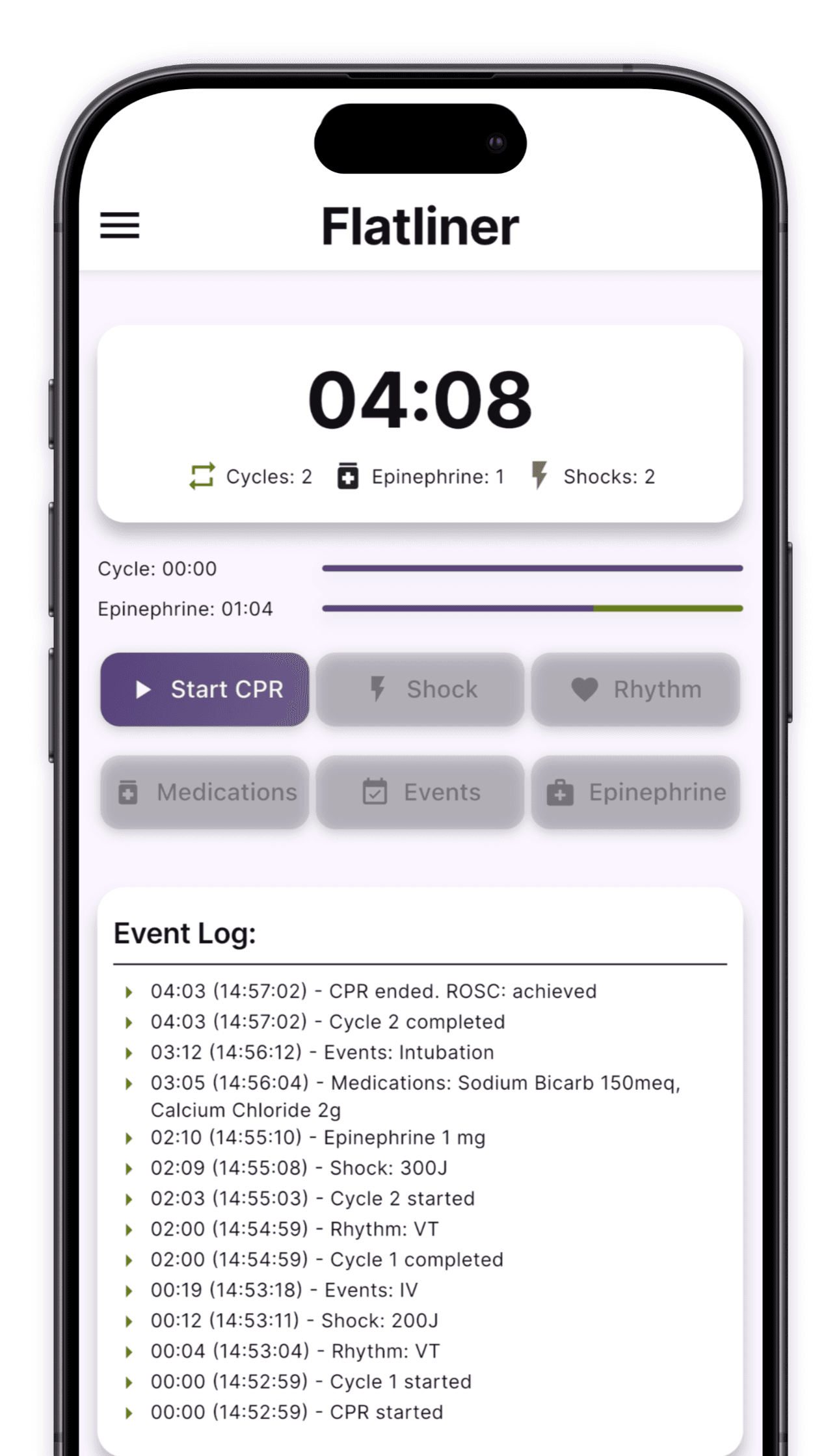 Flatliner app showing simple, intuitive design for CPR logging