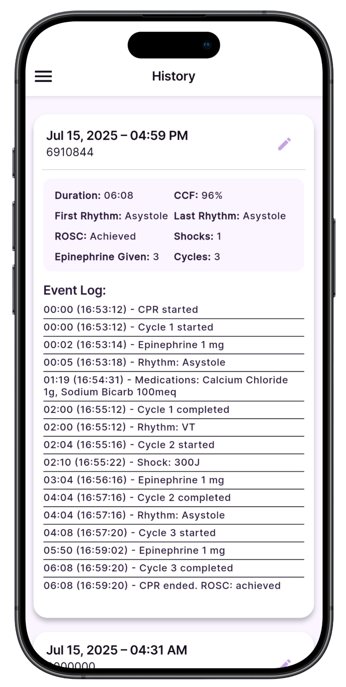 Flatliner app in dark mode displaying a CPR timer, medication and event buttons, and a Log Events modal with options like Central Line, IO, and Intubation.