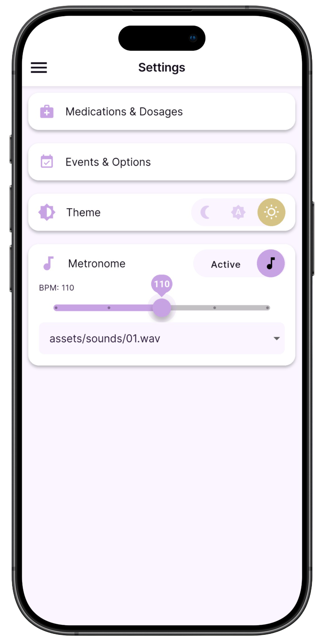 Flatliner app's Events & Options customization screen in dark mode, allowing users to define new procedures like Intubation or Needle Decompression with specific sub-options.
