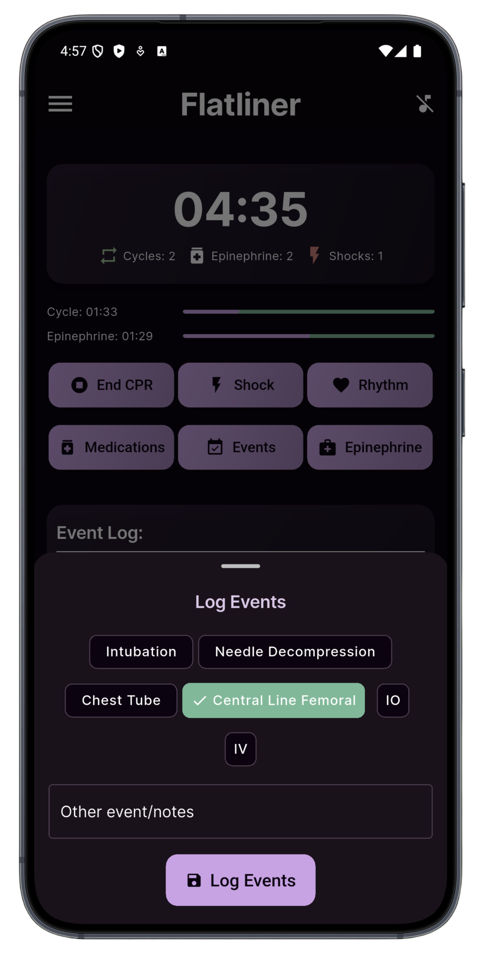 History screen in Flatliner CPR app showing a completed resuscitation session with event log, ROSC status, and performance metrics like CCF and duration.