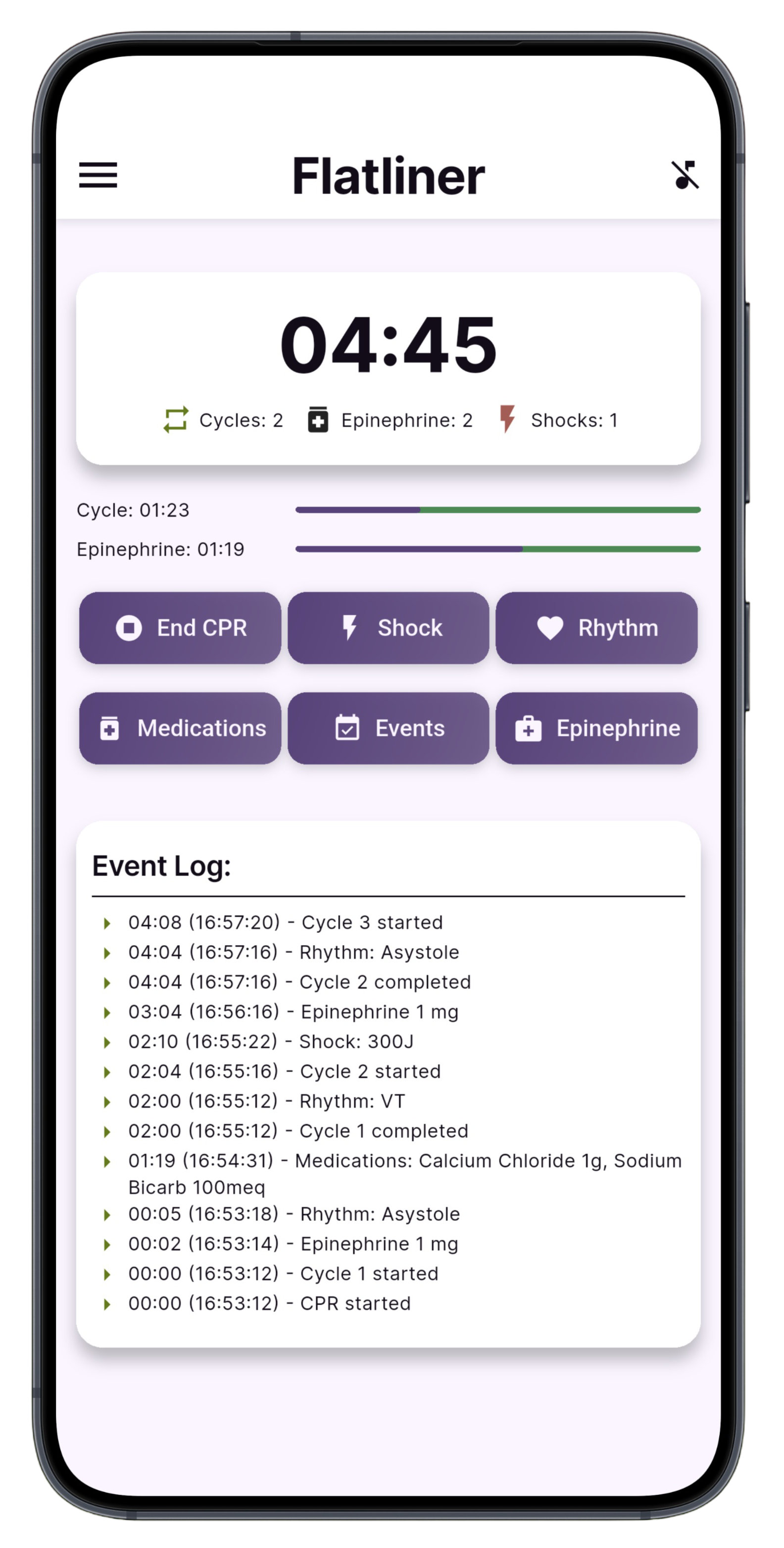 Flatliner settings screen showing access to medication and event configuration, theme toggling, and an active metronome with BPM control and audio selection.