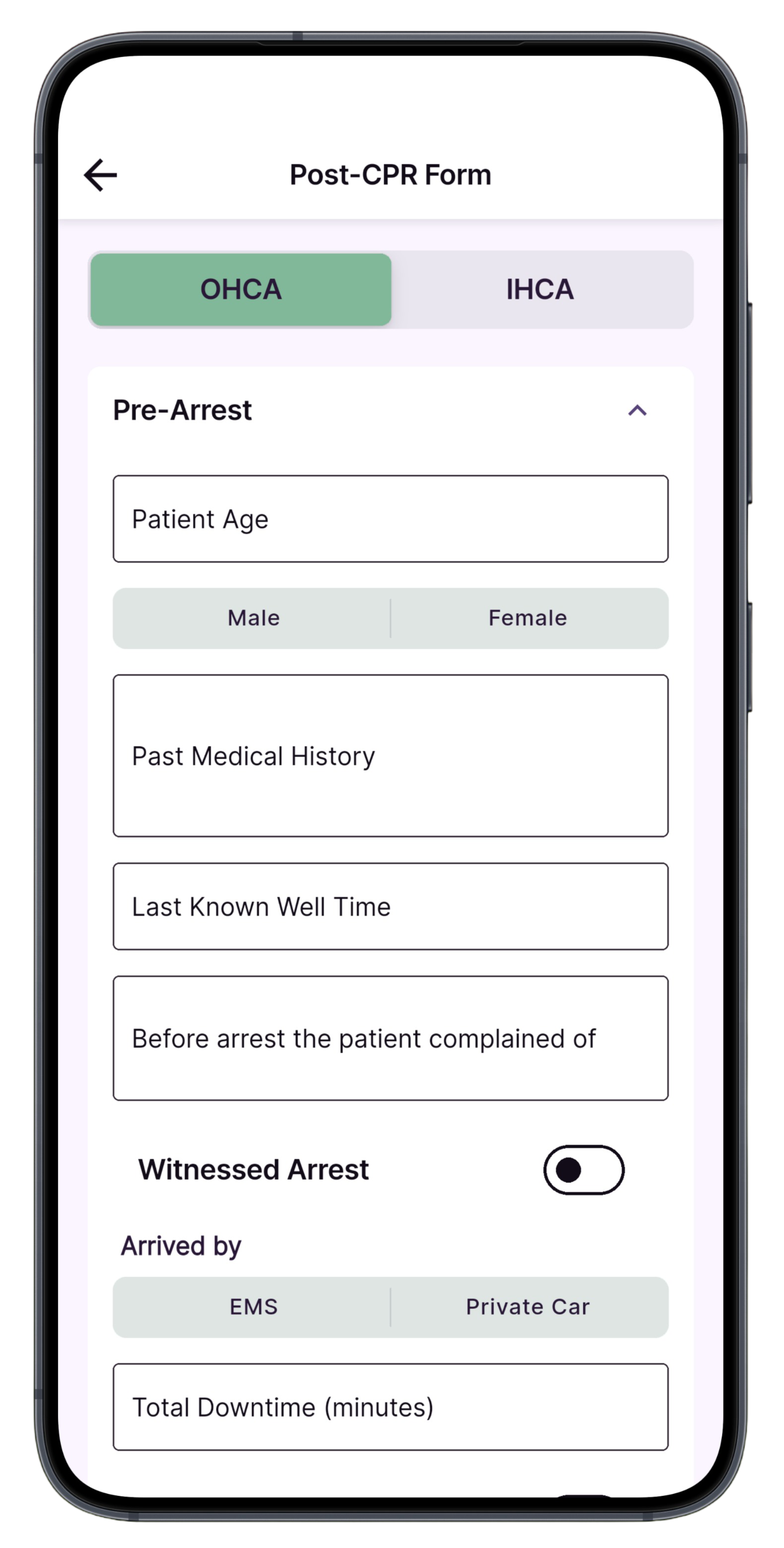 Dark mode interface of Flatliner CPR timer displaying a pulse check countdown overlay and full event log beneath real-time tracking elements.